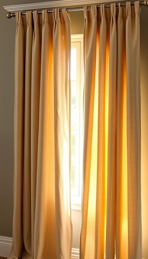 Luxurious French linen curtains in a soft, neutral shade cascade elegantly, framing a sunlit window. The fabric's gentle folds and subtle sheen create a refined, sophisticated ambiance. Warm, diffused lighting filters through the sheer panels, casting a golden glow and casting dynamic shadows. The curtains are expertly tailored, with clean lines and precisely sewn hems, exuding a high-quality, bespoke appearance. Placed against a backdrop of muted, neutral-toned walls, the curtains become the focal point, elevating the room's aesthetic and contributing to an atmosphere of understated elegance. Luxurious French linen curtains in a soft, neutral shade cascade elegantly, framing a sunlit window. The fabric's gentle folds and subtle sheen create a refined, sophisticated ambiance. Warm, diffused lighting filters through the sheer panels, casting a golden glow and casting dynamic shadows. The curtains are expertly tailored, with clean lines and precisely sewn hems, exuding a high-quality, bespoke appearance. Placed against a backdrop of muted, neutral-toned walls, the curtains become the focal point, elevating the room's aesthetic and contributing to an atmosphere of understated elegance.