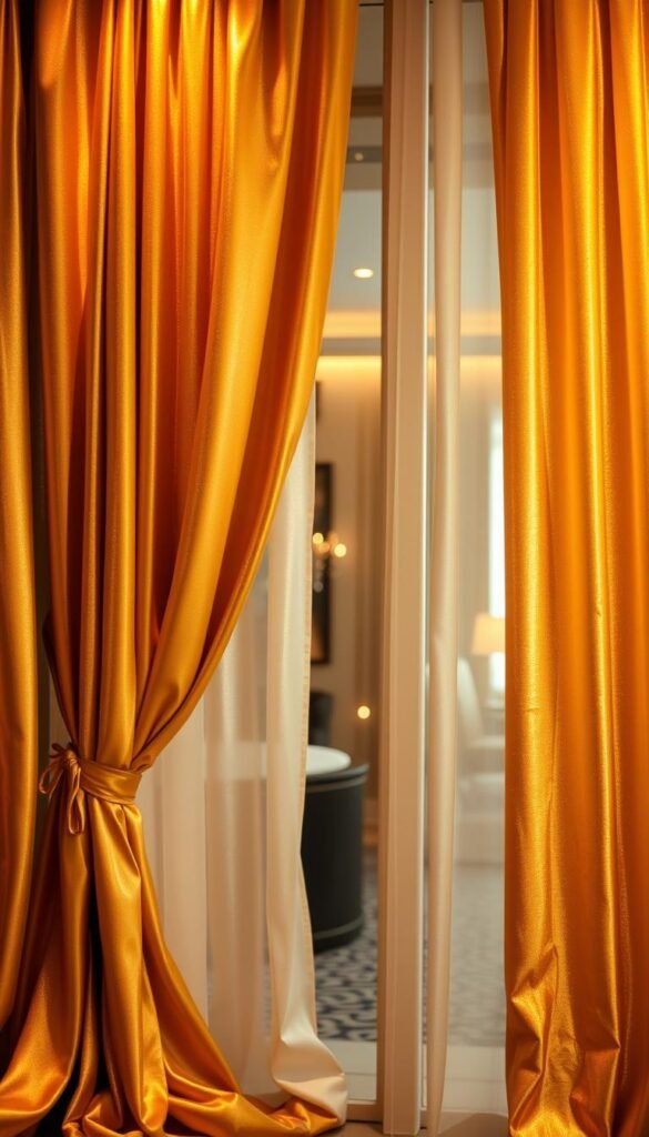 Luxurious gold curtains elegantly draped, catching the warm glow of soft, directional lighting. Shimmering fabric cascades in sumptuous folds, creating a lavish, opulent ambiance. The curtains are the focal point, positioned centrally in the frame, drawing the eye with their rich, opulent texture. The background is slightly blurred, placing emphasis on the lavish curtains. Hints of a high-end bedroom interior are visible, contributing to the overall sense of refined elegance. The scene evokes a feeling of sophisticated luxury, perfectly suited to highlight gold bedroom curtains that add a touch of glamour.
