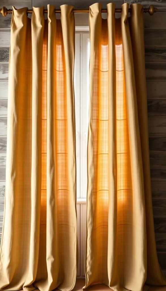 Luxurious linen curtains in warm, earthy hues of olive, sage, and ochre, softly billowing in a gentle breeze. The fabric has a subtle sheen and a delicate, textured weave, adding depth and richness to the organic palette. The curtains are hung from ornate brass rods, creating a stately and refined silhouette against a backdrop of weathered wooden walls. Warm, directional lighting casts gentle shadows, accentuating the elegant folds and creating a cozy, inviting atmosphere. The overall scene exudes a sense of timeless sophistication and natural, calming beauty. Luxurious linen curtains in warm, earthy hues of olive, sage, and ochre, softly billowing in a gentle breeze. The fabric has a subtle sheen and a delicate, textured weave, adding depth and richness to the organic palette. The curtains are hung from ornate brass rods, creating a stately and refined silhouette against a backdrop of weathered wooden walls. Warm, directional lighting casts gentle shadows, accentuating the elegant folds and creating a cozy, inviting atmosphere. The overall scene exudes a sense of timeless sophistication and natural, calming beauty.