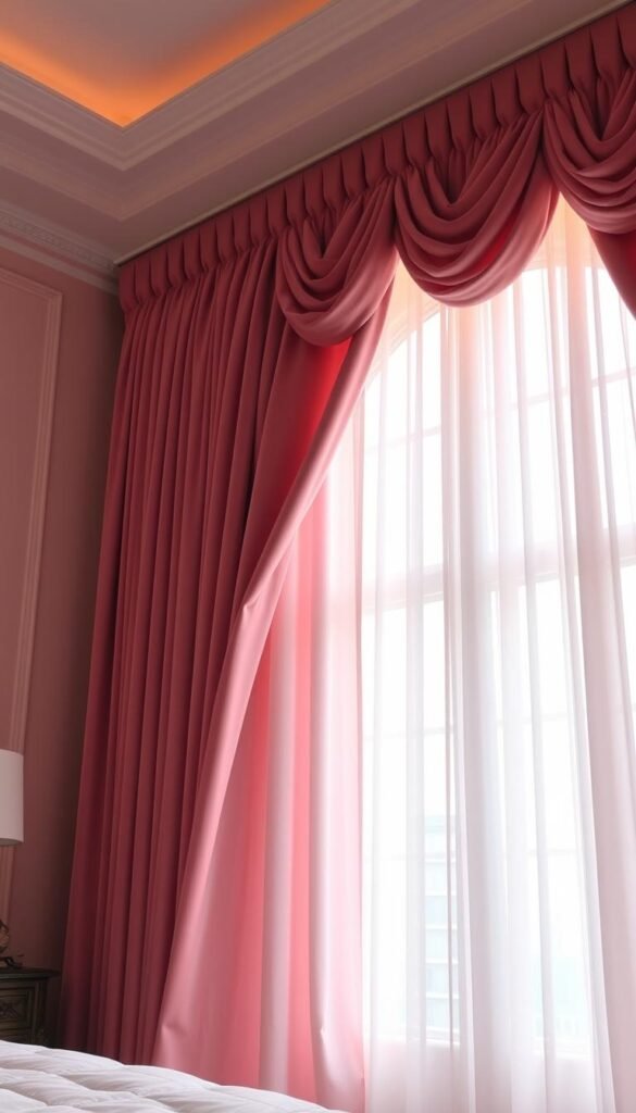 Luxurious pink velvet curtains adorning a grand window, the soft fabric cascading in elegant folds. Warm, diffused lighting filters through, casting a flattering glow on the plush texture. The curtains hang in a symmetrical, well-balanced arrangement, their lush color complementing the serene, feminine atmosphere of the bedroom. A slight breeze causes the curtains to sway gently, adding a sense of movement and refined sophistication to the scene. The curtains take center stage, drawing the eye and creating a focal point that exudes opulence and refined style.