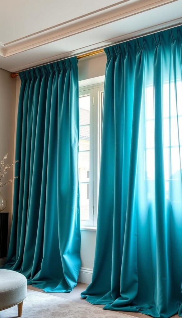 Luxurious teal velvet drapes, cascading elegantly in a well-lit bedroom. The soft, plush fabric billows gently, creating a sense of opulence and sophistication. The drapes frame a large window, allowing natural light to filter through, casting a warm glow on the surrounding decor. The teal hue adds a bold, contemporary touch, perfectly complementing the neutral color palette of the room. The drapes are hung with precision, creating a seamless, luxurious look that invites relaxation and indulgence. The overall scene exudes a sense of refined, understated elegance, perfectly aligning with the section title "Luxurious Teal Velvet Drapes for Sophisticated Style".