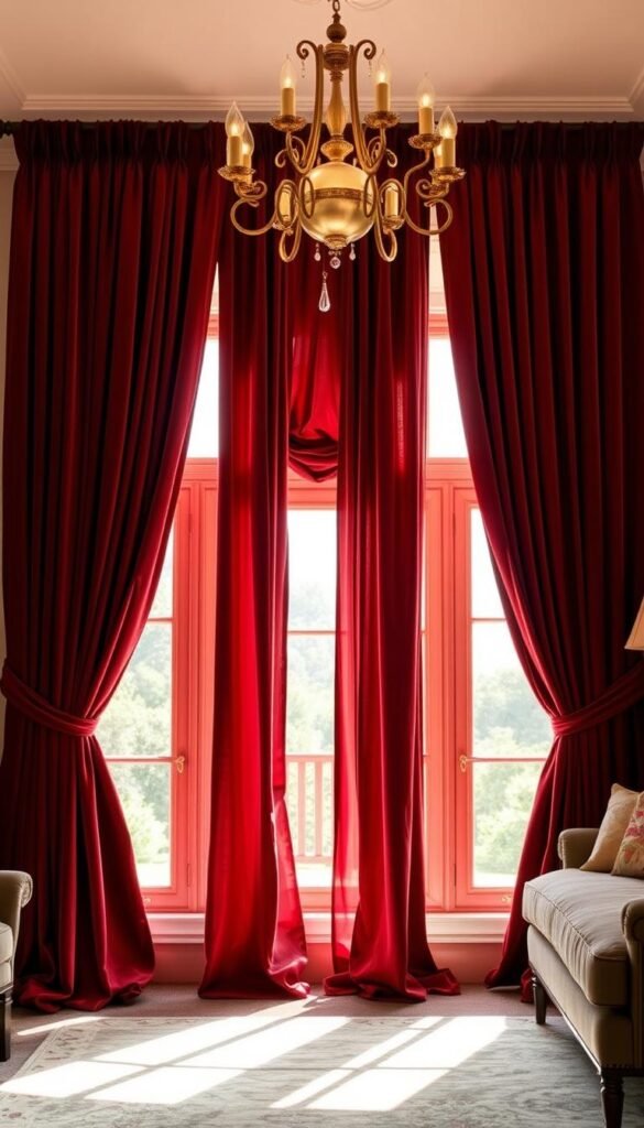 Luxurious velvet burgundy curtains cascading elegantly in a sunlit bedroom, the rich fabric pooling softly on the floor. Luxe tiebacks in a complementary shade accentuate the lush texture. Warm lighting from a central chandelier casts a golden glow, creating an atmosphere of refined opulence. The curtains frame a picturesque view through large windows, hinting at an inviting outdoor scene beyond. Muted tones in the room's furnishings and decor allow the burgundy curtains to be the star, commanding attention and radiating a sense of sumptuous comfort. Luxurious velvet burgundy curtains cascading elegantly in a sunlit bedroom, the rich fabric pooling softly on the floor. Luxe tiebacks in a complementary shade accentuate the lush texture. Warm lighting from a central chandelier casts a golden glow, creating an atmosphere of refined opulence. The curtains frame a picturesque view through large windows, hinting at an inviting outdoor scene beyond. Muted tones in the room's furnishings and decor allow the burgundy curtains to be the star, commanding attention and radiating a sense of sumptuous comfort.