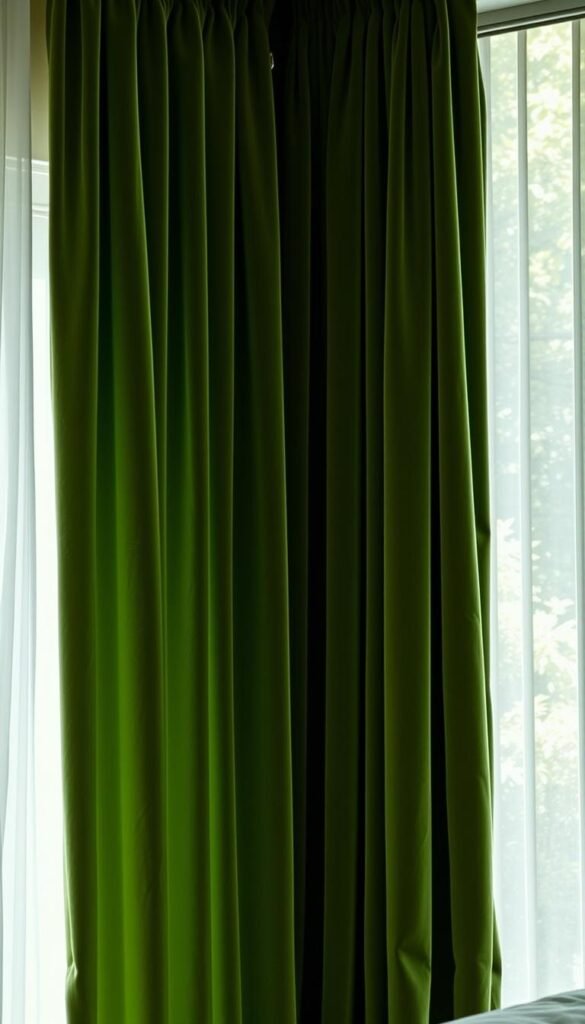 Luxurious, velvety green curtains cascade gracefully, their rich hue and plush texture radiating an air of sophistication. Sumptuous folds and delicate pleats create a sense of depth and movement, inviting the viewer to reach out and touch the lavish fabric. Soft, diffused lighting filters through the curtains, casting a warm, inviting glow on the surrounding space. The curtains are the centerpiece, seamlessly blending with the serene, nature-inspired palette of the bedroom, bridging the gap between the indoors and the verdant outdoors beyond.