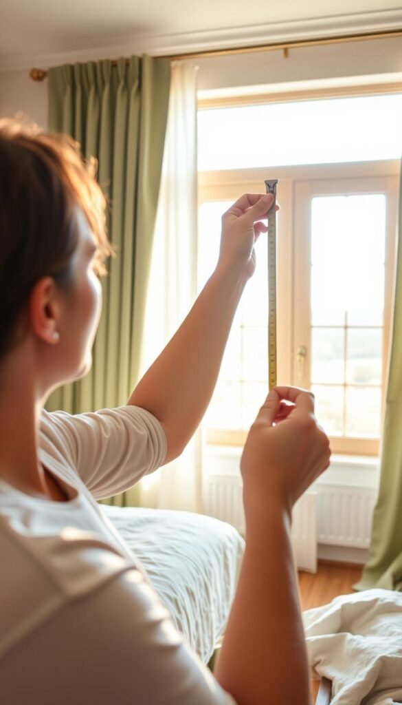 Measuring windows for sage green curtains: a cozy bedroom scene. In the foreground, a person holds a measuring tape, carefully taking precise measurements of a large window. The warm, natural light filters through the window, casting a soft glow on the person's face. In the middle ground, the bedroom is filled with neutral tones, accentuated by the rich sage green of the partially drawn curtains. The background features a serene landscape visible through the window, hinting at the tranquil atmosphere. Lighting is soft, diffused, creating a calming, inviting ambiance. The overall composition conveys a sense of focus, attention to detail, and the pursuit of creating the perfect sage green curtains for a fresh, rejuvenating bedroom oasis. Measuring windows for sage green curtains: a cozy bedroom scene. In the foreground, a person holds a measuring tape, carefully taking precise measurements of a large window. The warm, natural light filters through the window, casting a soft glow on the person's face. In the middle ground, the bedroom is filled with neutral tones, accentuated by the rich sage green of the partially drawn curtains. The background features a serene landscape visible through the window, hinting at the tranquil atmosphere. Lighting is soft, diffused, creating a calming, inviting ambiance. The overall composition conveys a sense of focus, attention to detail, and the pursuit of creating the perfect sage green curtains for a fresh, rejuvenating bedroom oasis.