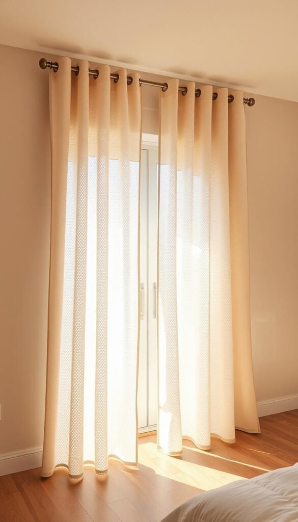 Minimalist space with warm beige walls and wood flooring. Soft, natural light streams through large windows, casting a cozy glow. In the center, modern eyelet curtains in a neutral tone hang elegantly, their delicate perforations adding a subtle textural interest. The curtains are tailored, with crisp pleats and a sleek, ring-top header that accentuates the clean, contemporary aesthetic. The overall atmosphere is one of serene simplicity, creating a soothing and inviting ambiance perfect for a bedroom.