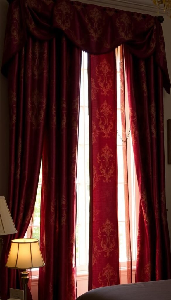Ornate brocade burgundy curtains with intricate floral patterns and a luxurious sheen, cascading elegantly across a tall window in a sun-dappled bedroom. The rich, deep burgundy color exudes a sense of vintage grandeur, complemented by the textured, velvety fabric that catches the light to create a warm, inviting atmosphere. The curtains frame the window, drawing the eye inward and creating a cozy, intimate space. Soft lighting from a nearby lamp casts a gentle glow, highlighting the detailed embroidery and creating a cozy, vintage-inspired ambiance. Ornate brocade burgundy curtains with intricate floral patterns and a luxurious sheen, cascading elegantly across a tall window in a sun-dappled bedroom. The rich, deep burgundy color exudes a sense of vintage grandeur, complemented by the textured, velvety fabric that catches the light to create a warm, inviting atmosphere. The curtains frame the window, drawing the eye inward and creating a cozy, intimate space. Soft lighting from a nearby lamp casts a gentle glow, highlighting the detailed embroidery and creating a cozy, vintage-inspired ambiance.