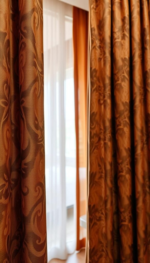 Patterned brown curtains with a rich, earthy palette and intricate designs. The foreground features a close-up view of the fabric, showcasing a delicate floral or geometric pattern in shades of brown, beige, and amber. The middle ground provides a wider perspective, revealing the full length of the curtains cascading elegantly, with a soft, natural light filtering through. The background hints at a cozy, inviting bedroom setting, with warm, muted tones and a sense of tranquility. Capture the essence of pattern and texture, evoking a feeling of comfort and sophistication. Patterned brown curtains with a rich, earthy palette and intricate designs. The foreground features a close-up view of the fabric, showcasing a delicate floral or geometric pattern in shades of brown, beige, and amber. The middle ground provides a wider perspective, revealing the full length of the curtains cascading elegantly, with a soft, natural light filtering through. The background hints at a cozy, inviting bedroom setting, with warm, muted tones and a sense of tranquility. Capture the essence of pattern and texture, evoking a feeling of comfort and sophistication.