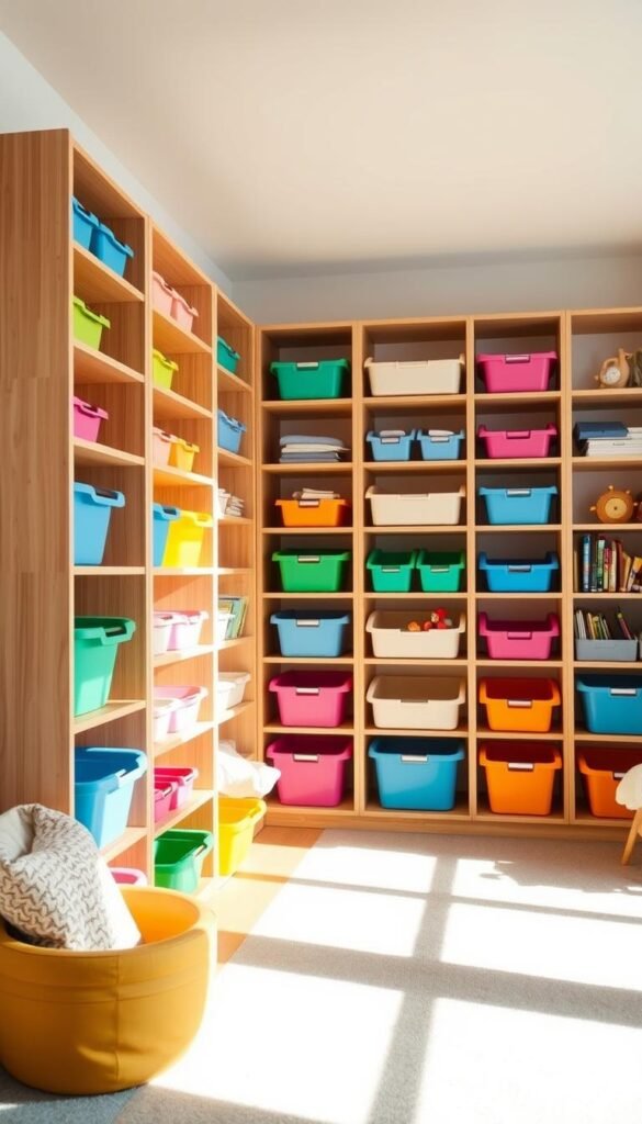 Prompt A bright, airy kids' room filled with an open bin storage system. Warm, natural lighting illuminates the space, casting a soft glow on the wooden shelves and colorful storage bins. Bins of various sizes, shapes, and hues are neatly arranged, allowing for easy access and organization of toys, books, and other essentials. The shelves are mounted on the wall, providing ample vertical storage space and keeping the floor clear. The bins are constructed of durable, child-friendly materials, ensuring safety and longevity. The overall aesthetic is clean, modern, and inviting, encouraging kids to tidy up and take ownership of their personal space. Prompt A bright, airy kids' room filled with an open bin storage system. Warm, natural lighting illuminates the space, casting a soft glow on the wooden shelves and colorful storage bins. Bins of various sizes, shapes, and hues are neatly arranged, allowing for easy access and organization of toys, books, and other essentials. The shelves are mounted on the wall, providing ample vertical storage space and keeping the floor clear. The bins are constructed of durable, child-friendly materials, ensuring safety and longevity. The overall aesthetic is clean, modern, and inviting, encouraging kids to tidy up and take ownership of their personal space.