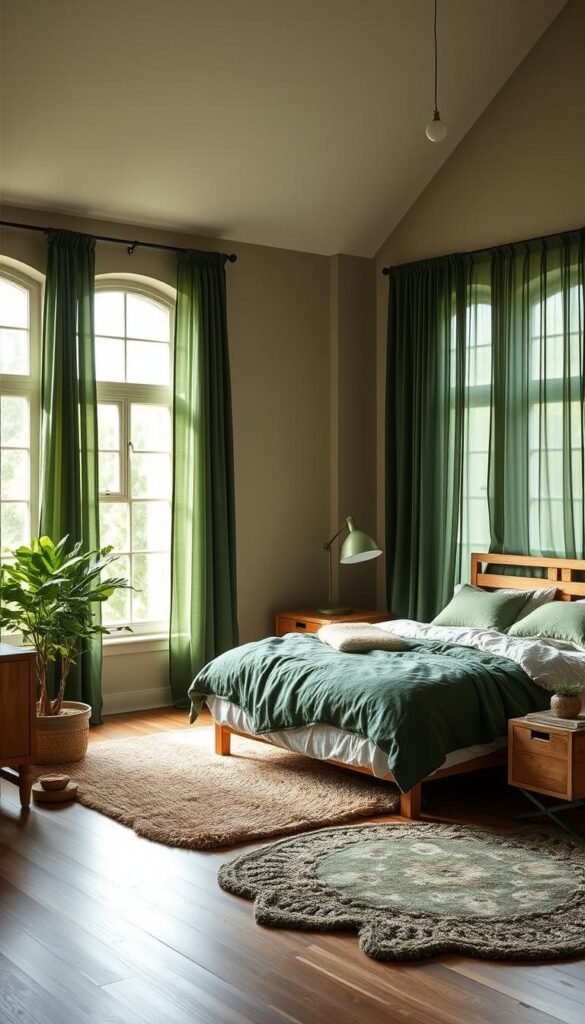 Prompt A cozy, affordable green bedroom with natural light streaming through large windows. Soft, earthy textiles and sustainably sourced wooden furniture create a soothing, minimalist atmosphere. A lush potted plant in the corner and a plush area rug define the space, while sheer, flowing green curtains add a touch of moody elegance. The overall design effortlessly blends comfort and style on a budget, exuding a serene, nature-inspired ambiance. Prompt A cozy, affordable green bedroom with natural light streaming through large windows. Soft, earthy textiles and sustainably sourced wooden furniture create a soothing, minimalist atmosphere. A lush potted plant in the corner and a plush area rug define the space, while sheer, flowing green curtains add a touch of moody elegance. The overall design effortlessly blends comfort and style on a budget, exuding a serene, nature-inspired ambiance.