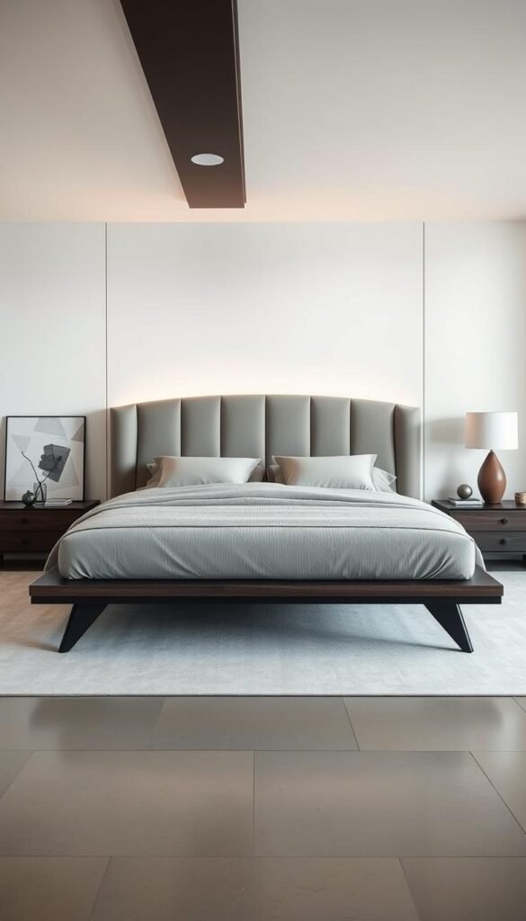Prompt A grand, statement-making bed takes center stage in a modern, minimalist bedroom. The headboard is a sculptural masterpiece, with clean lines and a subtly textured surface that catches the soft, diffused light from overhead fixtures. The bed frame is crafted from high-quality materials, perhaps a dark wood or sleek metal, elevated on tapered legs that create an airy, floating effect. Plush bedding in a muted, neutral palette completes the serene, sophisticated look, with just a few carefully chosen accent pieces like a statement lamp or abstract artwork adding visual interest. The entire scene is captured in a medium shot from a slightly elevated angle, showcasing the bed's impressive scale and commanding presence as the undisputed focal point of the space.