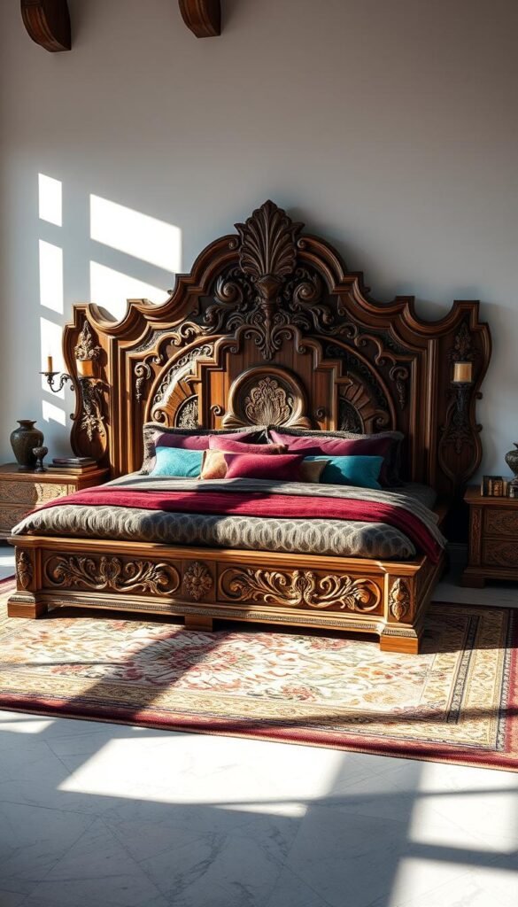 Prompt An ornate, statement-making bed design that exudes luxury and sophistication. The centerpiece is a grand, intricate wooden headboard with intricate carved patterns and inlays of contrasting wood tones. Plush, richly textured bedding in earthy, jewel-toned colors like burgundy and emerald creates a cozy, welcoming atmosphere. Subtle ambient lighting from a pair of elegant wall sconces casts a warm glow, highlighting the depth and texture of the design. The bed is positioned in a spacious, airy bedroom with large windows that allow natural light to pour in, casting dynamic shadows across the scene. An ornate area rug and a pair of matching nightstands complete the cohesive, high-end aesthetic.