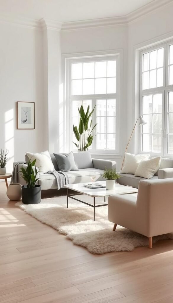Scandinavian minimalist interior with soft, natural light filtering through large windows. A clean, airy living space with pale wood floors, a cozy sofa, and a simple, elegant coffee table. Accents of white, gray, and muted blues create a serene, calming atmosphere. Tall, potted plants add a touch of greenery, while a sheepskin rug and textured throw pillows add warmth and tactility. The overall impression is one of understated sophistication and harmony, reflecting the principles of Scandinavian design.