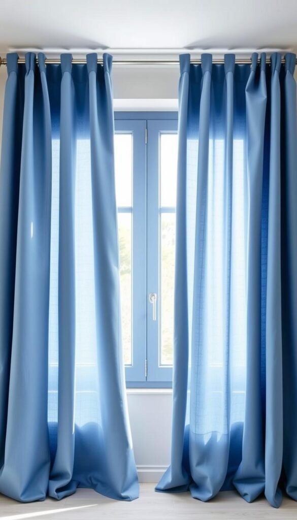 Sleek, modern blue cotton blackout curtains with a smooth, matte texture hang in a well-lit, minimalist bedroom. The curtains create a calming, coastal ambiance, gently filtering natural light while providing complete privacy. The folds and pleats of the fabric are crisp and precise, accentuating the clean lines of the window frame. Soft, even illumination from overhead lighting casts a soothing glow, highlighting the rich, deep blue hue of the curtains. The curtains appear to be of high-quality construction, with a substantial weight that suggests excellent insulation and light-blocking properties. The overall scene conveys a sense of tranquility, sophistication, and effortless style.