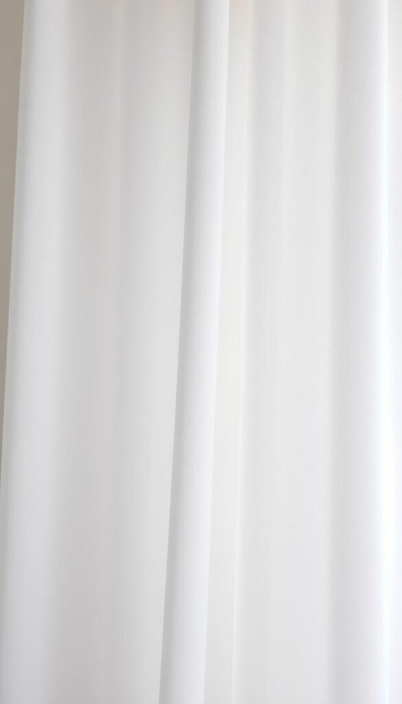 Soft, delicate white curtain fabric with a subtle, matte sheen filling the frame. The texture is smooth yet slightly nubby, creating a calming, understated aesthetic. The lighting is soft and diffused, casting gentle shadows that accentuate the subtle variations in the fabric's surface. The curtain is photographed head-on, filling the entire frame with a minimalist, zen-like composition. The focus is crisp and the depth of field is shallow, drawing the viewer's attention to the captivating texture and drape of the material.