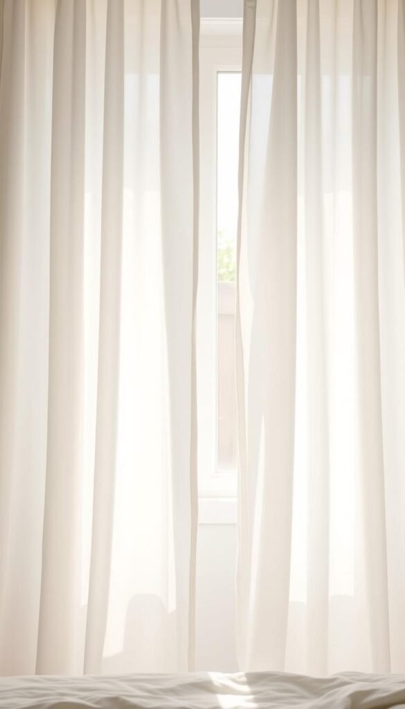 Soft, diffused natural light streams through delicate white curtains, casting a serene, luminous glow throughout a minimalist bedroom. The curtains, sheer and gossamer, gently billow in the still air, their folds and drapes adding subtle texture and depth. Sunlight filters through the fabric, creating a warm, calming ambiance that feels enveloping yet airy. The minimal, uncluttered space allows the natural light to take center stage, elevating the simple beauty of the crisp white curtains and their graceful movement. This harmonious interplay of light and textile creates a tranquil, restorative atmosphere, perfectly suited for a peaceful, minimal bedroom retreat.