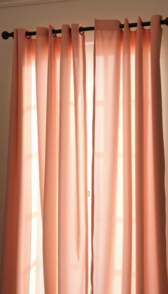 Soft, dusty pink French door curtain panels gently billowing in warm afternoon light. The delicate fabric hangs in elegant folds, creating a serene and feminine ambiance. The curtains are slightly sheer, allowing a soft, diffused light to filter through. The panels are mounted on a simple, matte black rod, blending seamlessly with the interior. The scene is captured with a shallow depth of field, focusing attention on the graceful movement and texture of the curtains. An intimate, cozy atmosphere is evoked, perfect for a blush pink bedroom sanctuary.