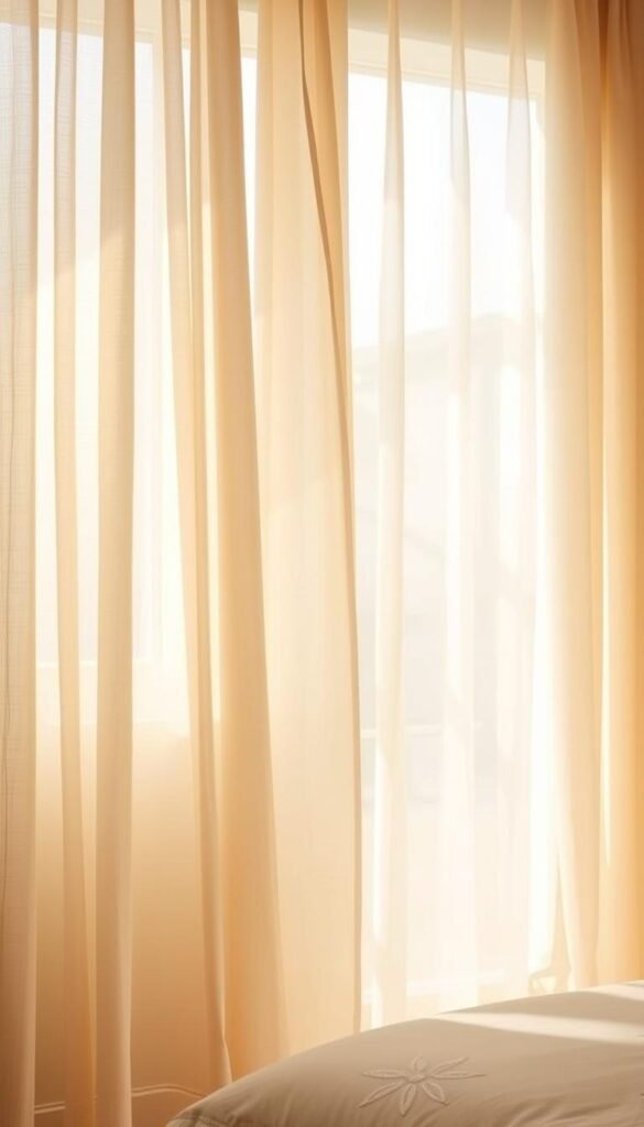 Soft, flowing curtains cascade in delicate layers, creating an airy and tranquil atmosphere. Sheer panels in a warm beige hue float effortlessly, their texture and movement hinting at the gentle breeze outside. Heavier drapes in a complementary shade gracefully billow, adding depth and dimension to the window treatments. Warm, diffused lighting filters through the fabric, casting a serene glow and enhancing the sense of openness. The overall effect is one of lightness and elegance, perfectly suited for a minimalist, beige-toned bedroom interior.
