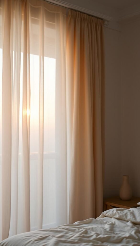 Soft, flowing linen curtains casting a gentle, diffused light over a serene, minimal bedroom. The curtains gently billow in a warm breeze, their delicate texture and natural creases catching the light in a mesmerizing dance. Warm, golden hues from the setting sun filter through the sheer fabric, creating a cozy, inviting atmosphere. The curtains' airy, relaxed aesthetic perfectly complements the pared-down, calming decor of the bedroom, elevating the space with a sense of effortless sophistication. A high-key, natural lighting setup illuminates the scene, highlighting the linen's elegant drape and sublime tactility. Soft, flowing linen curtains casting a gentle, diffused light over a serene, minimal bedroom. The curtains gently billow in a warm breeze, their delicate texture and natural creases catching the light in a mesmerizing dance. Warm, golden hues from the setting sun filter through the sheer fabric, creating a cozy, inviting atmosphere. The curtains' airy, relaxed aesthetic perfectly complements the pared-down, calming decor of the bedroom, elevating the space with a sense of effortless sophistication. A high-key, natural lighting setup illuminates the scene, highlighting the linen's elegant drape and sublime tactility.