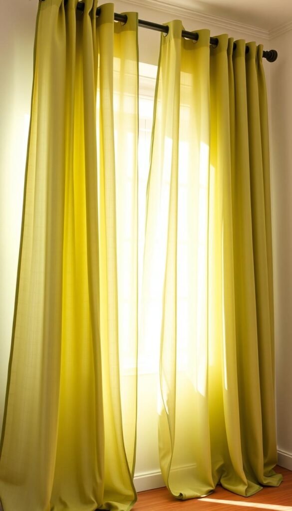 Soft, flowing sage green curtains gently billowing in a warm, natural light. The curtains are made of a high-quality, lightly textured fabric that effortlessly drapes in graceful folds. The curtain rod is a simple, matte black metal, complementing the greenery. The curtains are framing a large window, allowing the soft daylight to filter through and cast a serene, calming atmosphere in the room. The walls have a soft, neutral color palette, allowing the sage green curtains to take center stage as a soothing, natural focal point.