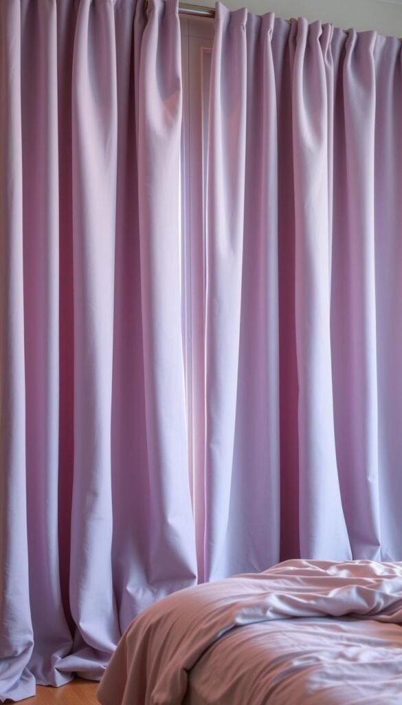 Soft, plush lavender curtains gently billowing in a softly lit bedroom, their calming hues and luxurious textures creating a serene, relaxing atmosphere. A panoramic view showcases the benefits of blackout curtains - a tranquil sanctuary shielded from the outside world, with the curtains fully closed to block out all unwanted light and noise, allowing for uninterrupted rest and rejuvenation. The curtains are arranged in a visually pleasing way, their folds and drapes enhancing the sense of comfort and coziness. The lighting is muted and warm, casting a gentle glow that accentuates the lavender's soothing tones. An overall calming, spa-like ambiance is achieved, inviting the viewer to imagine the restorative power of such a peaceful, private retreat. Soft, plush lavender curtains gently billowing in a softly lit bedroom, their calming hues and luxurious textures creating a serene, relaxing atmosphere. A panoramic view showcases the benefits of blackout curtains - a tranquil sanctuary shielded from the outside world, with the curtains fully closed to block out all unwanted light and noise, allowing for uninterrupted rest and rejuvenation. The curtains are arranged in a visually pleasing way, their folds and drapes enhancing the sense of comfort and coziness. The lighting is muted and warm, casting a gentle glow that accentuates the lavender's soothing tones. An overall calming, spa-like ambiance is achieved, inviting the viewer to imagine the restorative power of such a peaceful, private retreat.