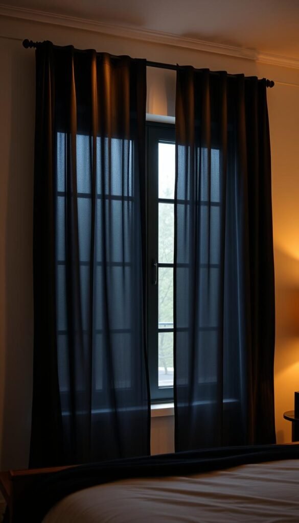 Sophisticated Black Window Treatments A pair of sleek, onyx curtains frame a large picture window, casting a dramatic, moody ambiance throughout the space. The fabric flows gracefully, with soft folds and subtle sheen, accentuating the elegant, contemporary design. Warm, directional lighting from above and to the side creates depth and dimension, highlighting the textural quality of the curtains. The background is a neutral, minimalist room, allowing the window treatments to take center stage as the focal point. The overall aesthetic is one of understated luxury, where the black curtains add an air of sophistication and visual interest to the bedroom setting. Sophisticated Black Window Treatments A pair of sleek, onyx curtains frame a large picture window, casting a dramatic, moody ambiance throughout the space. The fabric flows gracefully, with soft folds and subtle sheen, accentuating the elegant, contemporary design. Warm, directional lighting from above and to the side creates depth and dimension, highlighting the textural quality of the curtains. The background is a neutral, minimalist room, allowing the window treatments to take center stage as the focal point. The overall aesthetic is one of understated luxury, where the black curtains add an air of sophistication and visual interest to the bedroom setting.