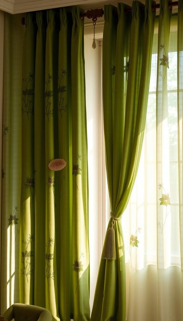 Specialty green curtains with intricate botanical embroidery and delicate floral motifs cascade gracefully, creating an inviting oasis. Soft, natural lighting filters through sheer panels, casting a warm, earthy glow. The curtains' organic textures and verdant hues evoke a serene, harmonious atmosphere, seamlessly blending the outdoors and indoors. Expertly tailored pleats and elegant hardware accentuate the curtains' bespoke craftsmanship, showcasing the unique personality of this tranquil sanctuary.