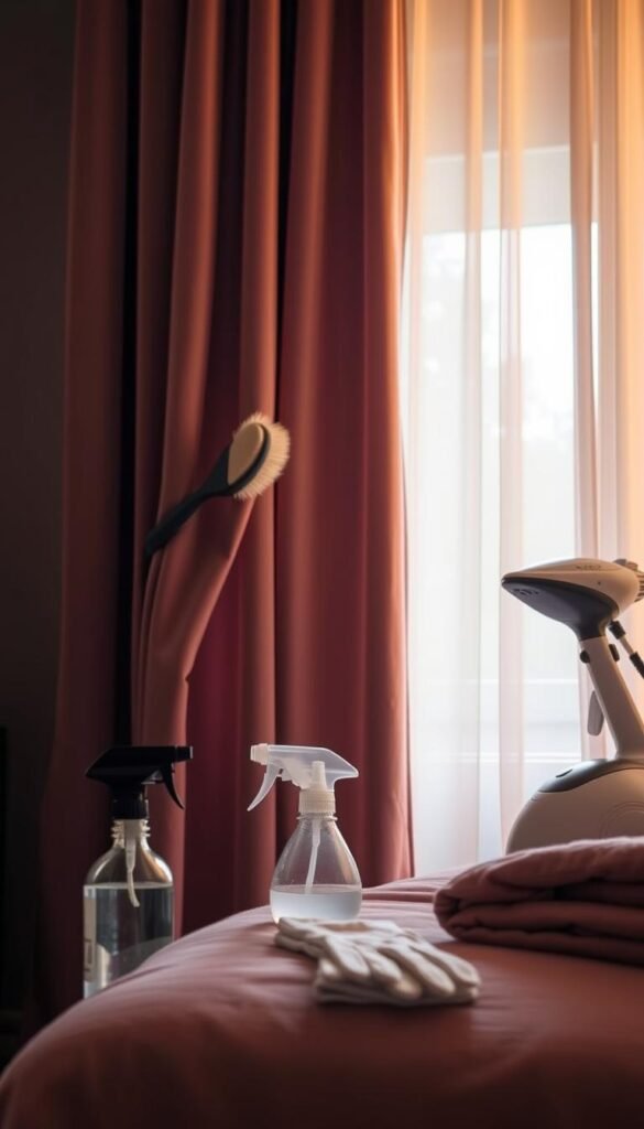 Velvet curtain care and maintenance: a soft, luxurious mauve curtain hangs gracefully in a cozy bedroom, illuminated by warm, diffused lighting. In the foreground, a velvet brush gently glides across the fabric, removing dust and restoring the plush texture. In the middle ground, a spray bottle of specialized velvet cleaner stands ready, while in the background, a neatly folded set of white cotton gloves and a garment steamer hint at the delicate care required to preserve the curtain's elegant appearance. The overall atmosphere evokes a sense of tranquility, inviting the viewer to imagine the tranquil, romantic ambiance of the mauve-toned bedroom. Velvet curtain care and maintenance: a soft, luxurious mauve curtain hangs gracefully in a cozy bedroom, illuminated by warm, diffused lighting. In the foreground, a velvet brush gently glides across the fabric, removing dust and restoring the plush texture. In the middle ground, a spray bottle of specialized velvet cleaner stands ready, while in the background, a neatly folded set of white cotton gloves and a garment steamer hint at the delicate care required to preserve the curtain's elegant appearance. The overall atmosphere evokes a sense of tranquility, inviting the viewer to imagine the tranquil, romantic ambiance of the mauve-toned bedroom.