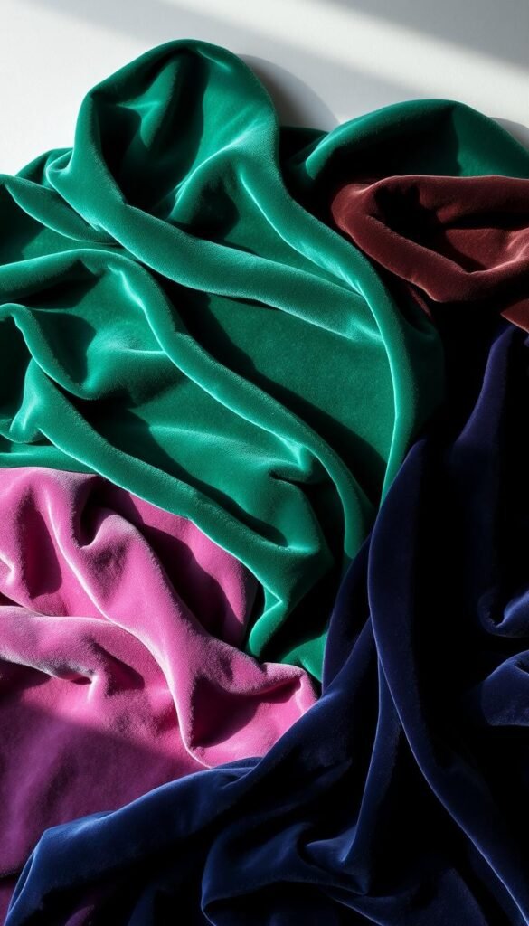 Velvet fabric selection laid out in an elegant arrangement. Lush, plush textures in a range of rich, jewel-toned hues - emerald, sapphire, and amethyst. The fabrics cascade softly, highlighting their luxurious drape and sheen. Soft, directional lighting from the side casts shadows that accentuate the depth and dimension of the velvet. The compositions conveys a sense of refined opulence, hinting at the regal and cozy qualities of high-end velvet curtains. A photographer's setup with seamless backdrop creates a clean, studio-like environment to showcase the fabric's qualities. Velvet fabric selection laid out in an elegant arrangement. Lush, plush textures in a range of rich, jewel-toned hues - emerald, sapphire, and amethyst. The fabrics cascade softly, highlighting their luxurious drape and sheen. Soft, directional lighting from the side casts shadows that accentuate the depth and dimension of the velvet. The compositions conveys a sense of refined opulence, hinting at the regal and cozy qualities of high-end velvet curtains. A photographer's setup with seamless backdrop creates a clean, studio-like environment to showcase the fabric's qualities.