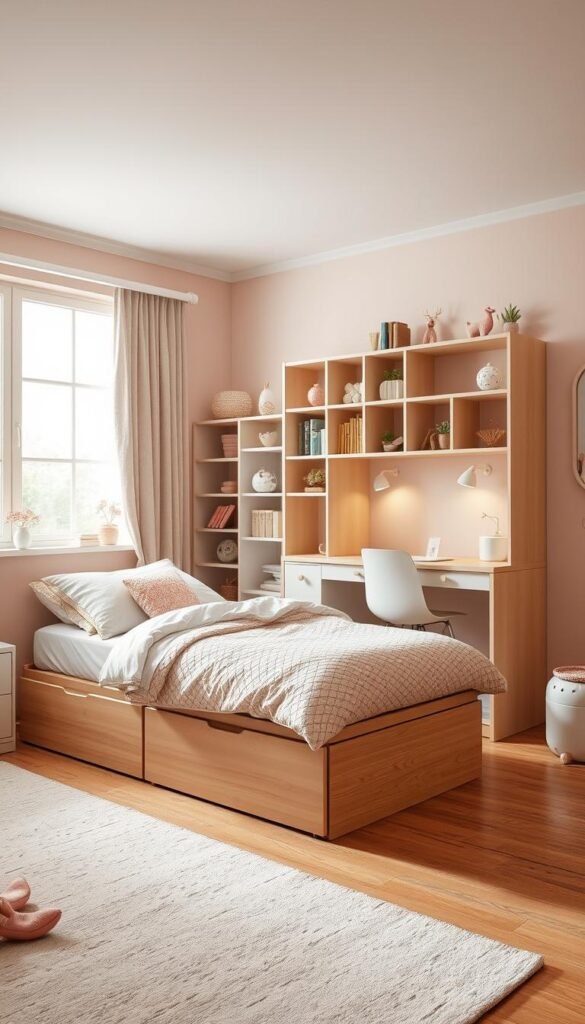 Warm, cozy bedroom with multi-functional furniture pieces for a young girl's room. In the foreground, a convertible daybed with storage drawers underneath, adorned with plush bedding and decorative pillows. In the middle ground, a modular bookshelf-desk combo with cubbies, shelves, and a pull-out workspace. Soft, diffused lighting from a large window casts a gentle glow, creating a relaxing atmosphere. Touches of pastel colors, floral accents, and whimsical decor elements throughout, evoking a feminine and inviting ambiance. The composition emphasizes versatility, organization, and personalization, perfectly suited for a growing girl's evolving needs.