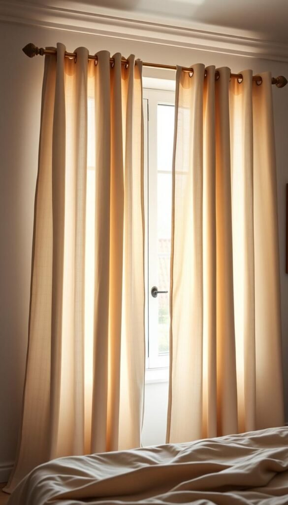 Warm light floods a cozy Scandinavian bedroom, illuminating a pair of linen curtains gently billowing in the breeze. The curtains, in a soft neutral tone, cascade elegantly from ornate brass curtain rods, framing a large window that overlooks a tranquil outdoor scene. Smooth linen textures and clean lines create a serene, minimalist ambiance, perfectly capturing the essence of Scandinavian design. A soft, diffused focus draws the eye to the captivating curtains, emphasizing their effortless beauty and seamless integration with the room's understated sophistication.