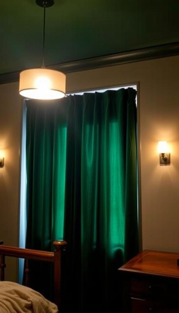 Warm, moody bedroom illuminated by soft, ambient lighting. A single pendant lamp casts a gentle glow, its light reflecting off the deep green velvet curtains that frame the window. Subtle wall sconces provide additional lighting, creating a cozy, intimate atmosphere. Polished wood furniture and plush textures complement the rich color palette. Carefully positioned, the lighting design enhances the serene, contemplative mood, inviting relaxation in this soothing green retreat. Warm, moody bedroom illuminated by soft, ambient lighting. A single pendant lamp casts a gentle glow, its light reflecting off the deep green velvet curtains that frame the window. Subtle wall sconces provide additional lighting, creating a cozy, intimate atmosphere. Polished wood furniture and plush textures complement the rich color palette. Carefully positioned, the lighting design enhances the serene, contemplative mood, inviting relaxation in this soothing green retreat.