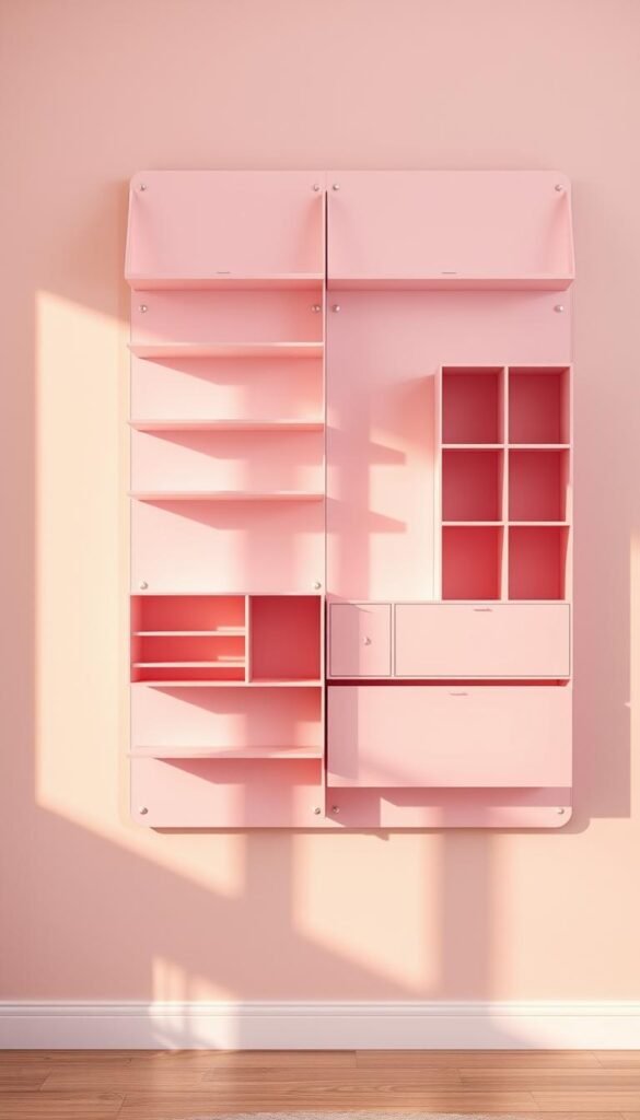 a beautifully designed pink wall storage organizer, with clean lines and a minimalist aesthetic, set against a soft, pastel-toned background. The organizer features a series of sleek shelves and compartments, meticulously arranged to create a harmonious and efficient storage solution. Warm, natural lighting casts a gentle glow, enhancing the tactile quality of the premium, high-quality materials used. The overall composition conveys a sense of tranquility and understated elegance, perfectly complementing the "Creative Storage Solutions in Every Shade of Pink" theme.