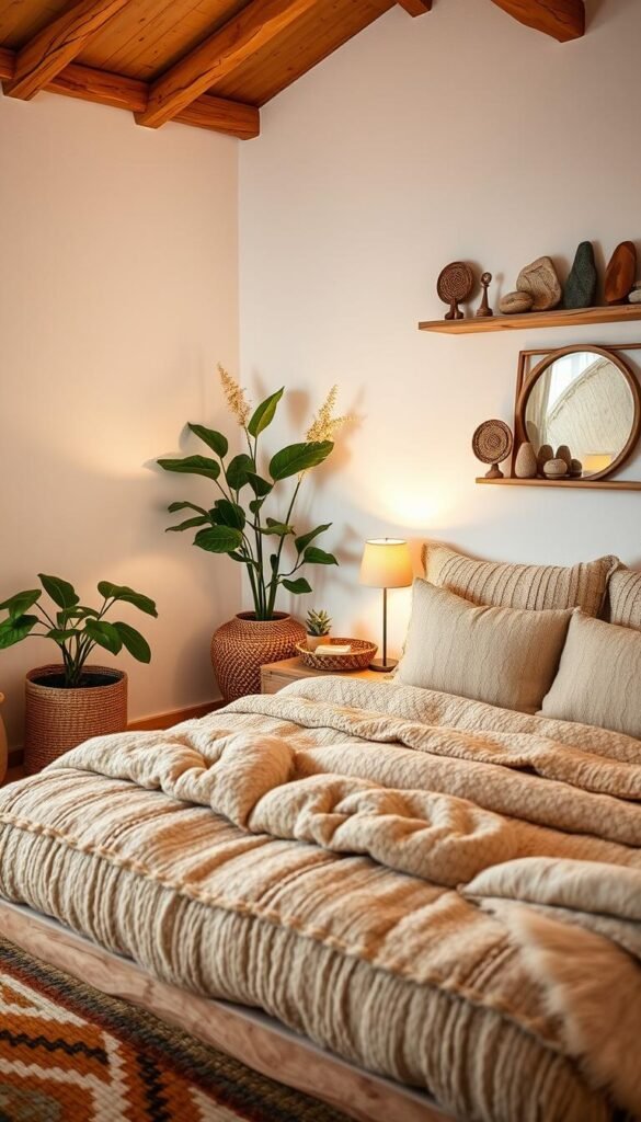 a cozy and inviting bedroom with natural textures and elements, soft lighting, and a calming atmosphere. in the foreground, a wooden bed frame with a plush, textured bedding and an abundance of lush, organic throw pillows. in the middle ground, a woven area rug, a rustic nightstand with a wooden lamp, and a large potted plant with lush, green leaves. in the background, a wall adorned with a large, framed mirror and natural wooden shelves displaying various decorative elements like dried flowers, woven baskets, and stone figurines. the overall lighting is warm and gentle, creating a soothing and harmonious ambiance. the room exudes a sense of tranquility and connection with nature.