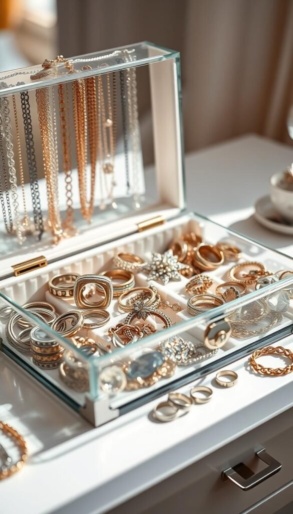 jewelry organization sparkles on white background, glass jewelry box with polished metal accents, various necklaces, bracelets, earrings, and rings neatly arranged, soft natural lighting creating a warm, inviting ambiance, close-up shot with shallow depth of field, high-resolution image, detailed textures and reflections, elegant and serene atmosphere