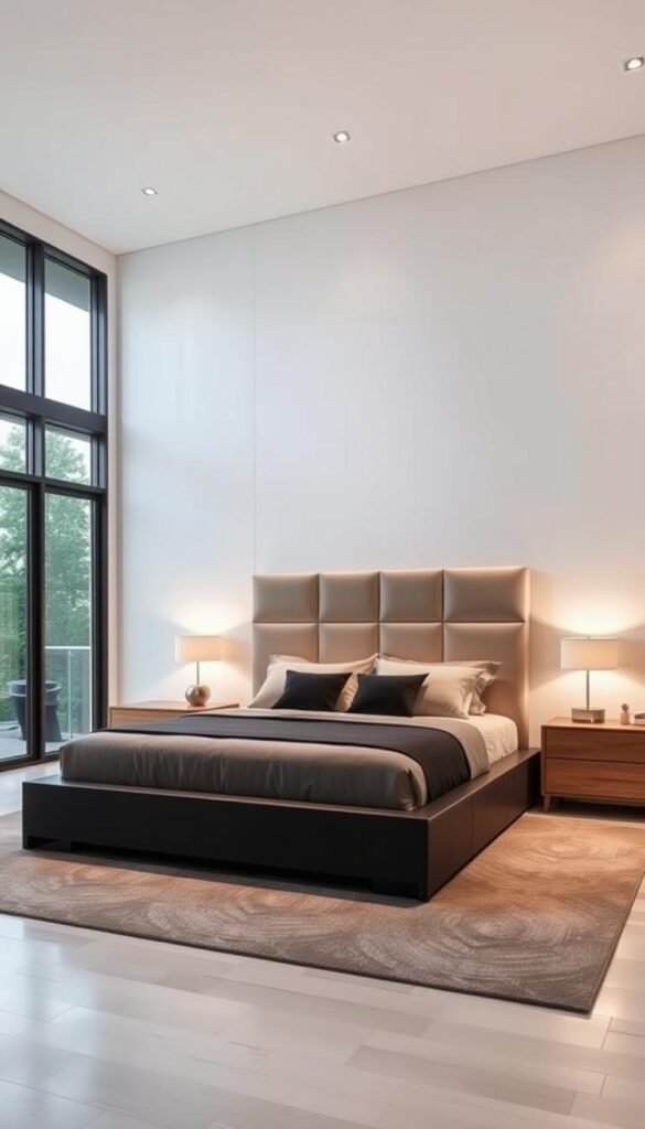 statement furniture for bedroom, a dramatic modern bed with a tall headboard and sleek nightstands, placed in a bright, airy bedroom with large windows, high ceilings, and clean white walls. The furniture has a bold, sculptural silhouette with clean lines and a minimal palette of blacks, grays, and natural wood tones. Soft, indirect lighting illuminates the space, creating a sense of elegance and sophistication. The overall atmosphere is one of understated luxury, where the furniture takes center stage as a focal point, elevating the bedroom's design and making a strong, confident style statement. statement furniture for bedroom, a dramatic modern bed with a tall headboard and sleek nightstands, placed in a bright, airy bedroom with large windows, high ceilings, and clean white walls. The furniture has a bold, sculptural silhouette with clean lines and a minimal palette of blacks, grays, and natural wood tones. Soft, indirect lighting illuminates the space, creating a sense of elegance and sophistication. The overall atmosphere is one of understated luxury, where the furniture takes center stage as a focal point, elevating the bedroom's design and making a strong, confident style statement.