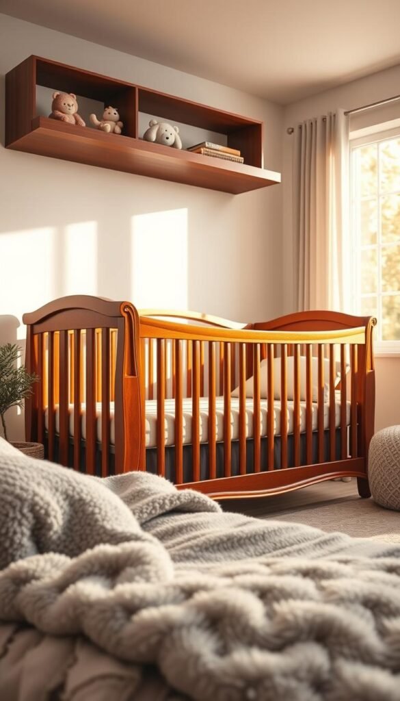 A beautifully crafted convertible nursery crib, its elegant wood frame gleaming under soft, natural lighting. The crib's sides effortlessly transform, revealing a toddler bed perfect for the growing child. In the foreground, plush textiles in soothing hues of gray and white invite a cozy nap. Shelves above display playful toys and books, while a large window in the background bathes the scene in warm, golden light, creating an inviting, serene atmosphere for this versatile, family-friendly furniture piece.