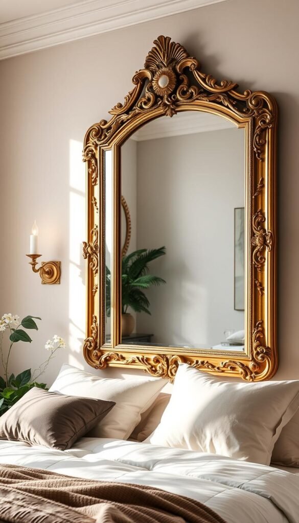 A beautifully lit bedroom with a large, ornate mirror taking center stage on the wall. The mirror is positioned at an angle, creating depth and dimension. Soft, warm lighting from wall sconces illuminates the mirror's elegant gold frame, highlighting its intricate details. The mirror's reflection opens up the space, creating an illusion of a larger, brighter room. Subtle decor elements, like lush greenery and plush textiles, complement the mirror's opulent presence, resulting in a harmonious and inviting atmosphere. A beautifully lit bedroom with a large, ornate mirror taking center stage on the wall. The mirror is positioned at an angle, creating depth and dimension. Soft, warm lighting from wall sconces illuminates the mirror's elegant gold frame, highlighting its intricate details. The mirror's reflection opens up the space, creating an illusion of a larger, brighter room. Subtle decor elements, like lush greenery and plush textiles, complement the mirror's opulent presence, resulting in a harmonious and inviting atmosphere.