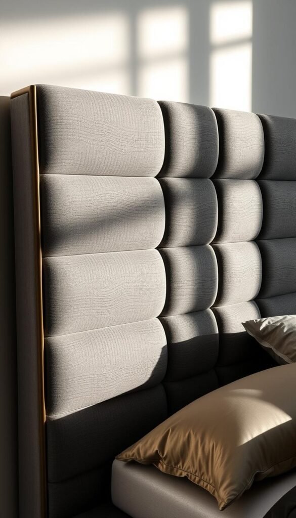 A breathtaking statement headboard design, showcasing a stunning array of metallic accents that catch the light, creating an elegant and luxurious focal point in the bedroom. Textured panels in muted hues of grey and charcoal create depth and visual interest, complemented by sleek, brushed brass hardware that adds a touch of glamour. The headboard is positioned against a backdrop of soft, natural lighting, casting gentle shadows that accentuate its sculptural form. The overall effect is one of refined sophistication, inviting the viewer to imagine the tranquil, serene atmosphere of the bedroom space.
