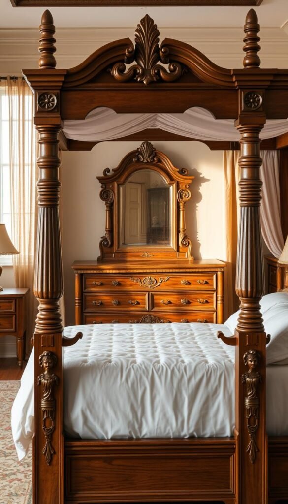 A breathtaking wooden bedroom set exuding superior craftsmanship. In the foreground, a majestic four-poster bed with intricate carved details and a luxurious canopy, draped in crisp white linens. Flanking the bed, a pair of ornately carved nightstands with subtle brass hardware. In the middle ground, a stately dresser with a long, tapered silhouette and a weathered, rustic finish, complemented by a large, ornate mirror. The background reveals a warm, cozy atmosphere, with soft, natural lighting filtering through sheer curtains, casting a gentle glow on the finely-grained wood surfaces. The entire scene radiates an air of timeless elegance and uncompromising quality, inviting the viewer to experience the true beauty of a superior crafted wooden bedroom set.