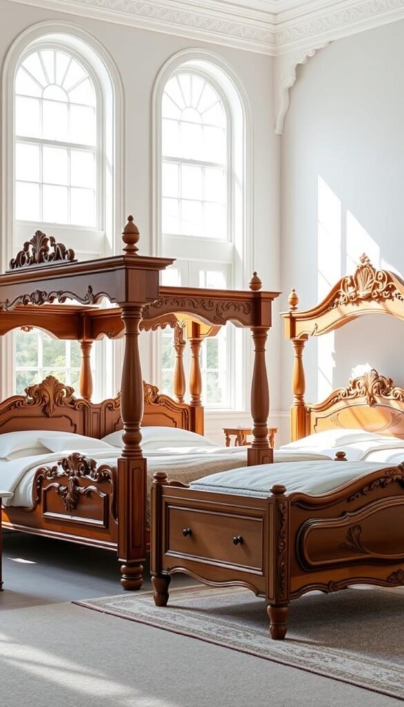 A bright, airy bedroom setting with a collection of elegant, traditional Polish bed frames prominently displayed. The frames are crafted from rich, warm-toned hardwoods, showcasing intricate carvings and traditional design elements. Soft, natural lighting filters through large windows, casting a gentle glow on the bed frames. The frames are arranged in a visually appealing layout, allowing the viewer to compare and contrast the various styles. The overall atmosphere is one of refined sophistication and classic Polish craftsmanship.