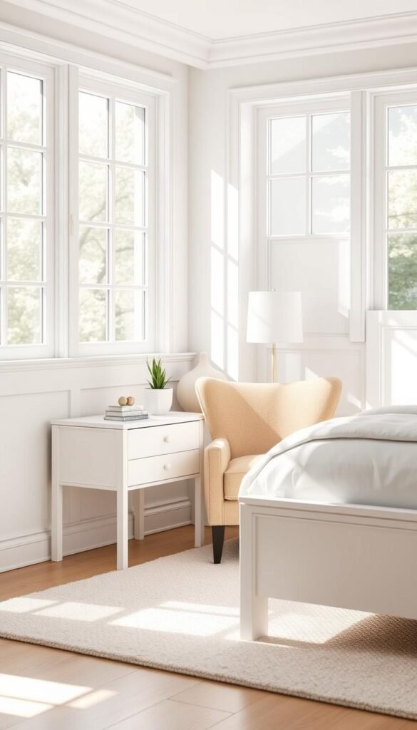 A bright and airy bedroom scene with a sleek white nightstand and an elegant accent chair. The nightstand features clean lines and a minimalist design, with a subtle textured surface and a single drawer for storage. Nearby, a plush accent chair in a complementary neutral tone sits atop a soft area rug, creating a cozy and inviting conversation area. Natural light streams in through large windows, casting a warm glow and highlighting the crisp, white furniture. The overall atmosphere is one of tranquility and simplicity, perfectly embodying the essence of a serene and harmonious white-themed bedroom. A bright and airy bedroom scene with a sleek white nightstand and an elegant accent chair. The nightstand features clean lines and a minimalist design, with a subtle textured surface and a single drawer for storage. Nearby, a plush accent chair in a complementary neutral tone sits atop a soft area rug, creating a cozy and inviting conversation area. Natural light streams in through large windows, casting a warm glow and highlighting the crisp, white furniture. The overall atmosphere is one of tranquility and simplicity, perfectly embodying the essence of a serene and harmonious white-themed bedroom.