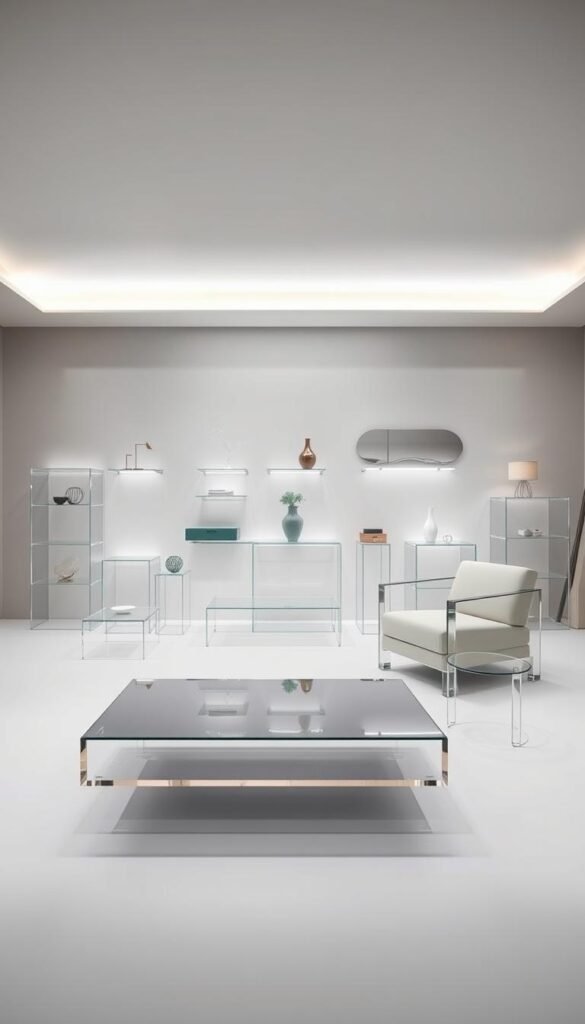 A bright, well-lit studio setting showcasing a selection of contemporary acrylic furniture pieces. Foreground features a floating acrylic coffee table, side table, and armchair arranged in a minimalist, cohesive layout. Middle ground displays a variety of acrylic shelving units, occasional tables, and accent pieces in various shapes and tones of clear, frosted, and colored acrylic. Background depicts a serene, neutral-toned wall with indirect lighting, allowing the translucent acrylic furnishings to shine. The overall mood is one of elegant simplicity, highlighting the versatility and visual appeal of acrylic as a material for modern bedroom design. A bright, well-lit studio setting showcasing a selection of contemporary acrylic furniture pieces. Foreground features a floating acrylic coffee table, side table, and armchair arranged in a minimalist, cohesive layout. Middle ground displays a variety of acrylic shelving units, occasional tables, and accent pieces in various shapes and tones of clear, frosted, and colored acrylic. Background depicts a serene, neutral-toned wall with indirect lighting, allowing the translucent acrylic furnishings to shine. The overall mood is one of elegant simplicity, highlighting the versatility and visual appeal of acrylic as a material for modern bedroom design.