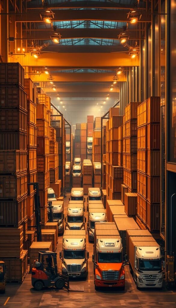 A bustling international freight hub, with towering stacks of wooden crates and metal cargo containers stacked high. Forklifts and cranes deftly maneuver the shipments, their movements choreographed like a well-oiled machine. Warm, directional lighting from overhead lamps casts dramatic shadows, creating a sense of depth and industrial grandeur. The scene is framed by the sleek, modern architecture of the shipping facility, with clean lines and glass facades reflecting the activity below. In the background, a fleet of semi-trucks wait to transport the furniture cargo to its final destination, their logos and insignia hinting at the global reach of this intricate logistics network. A bustling international freight hub, with towering stacks of wooden crates and metal cargo containers stacked high. Forklifts and cranes deftly maneuver the shipments, their movements choreographed like a well-oiled machine. Warm, directional lighting from overhead lamps casts dramatic shadows, creating a sense of depth and industrial grandeur. The scene is framed by the sleek, modern architecture of the shipping facility, with clean lines and glass facades reflecting the activity below. In the background, a fleet of semi-trucks wait to transport the furniture cargo to its final destination, their logos and insignia hinting at the global reach of this intricate logistics network.