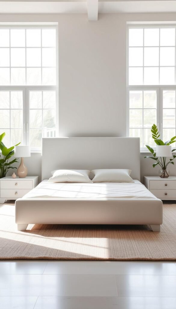 A clean, well-designed white furniture foundation with a subtle, minimalist aesthetic. A large, rectangular low-profile bed frame with a tall, sturdy headboard takes center stage, flanked by two matching nightstands. The furniture pieces have a smooth, glossy finish that reflects the soft, diffused natural light streaming in through large windows. The arrangement is accented by lush, verdant potted plants and a plush, neutral-toned area rug that grounds the space. An overall sense of tranquility and sophisticated elegance pervades the scene, creating a calming, relaxing atmosphere ideal for a bright, airy bedroom. A clean, well-designed white furniture foundation with a subtle, minimalist aesthetic. A large, rectangular low-profile bed frame with a tall, sturdy headboard takes center stage, flanked by two matching nightstands. The furniture pieces have a smooth, glossy finish that reflects the soft, diffused natural light streaming in through large windows. The arrangement is accented by lush, verdant potted plants and a plush, neutral-toned area rug that grounds the space. An overall sense of tranquility and sophisticated elegance pervades the scene, creating a calming, relaxing atmosphere ideal for a bright, airy bedroom.