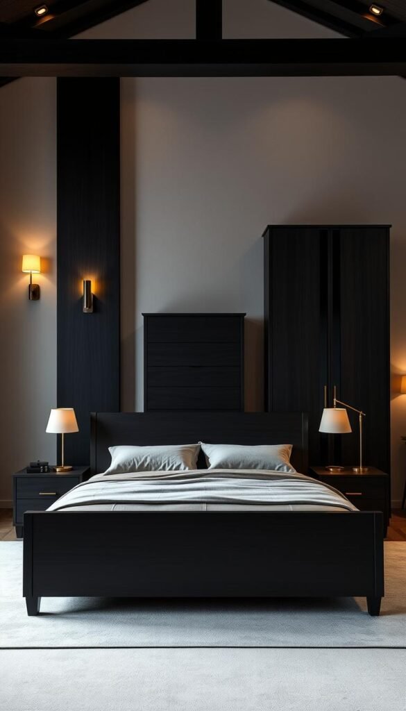 A cozy and elegant bedroom interior featuring a striking black wood bedroom furniture set. In the foreground, a large minimalist platform bed with a plush bedding set and matching nightstands. The middle ground showcases a tall black wood dresser and armoire, their angular lines creating a bold, modern aesthetic. Soft, warm lighting from sconces and floor lamps casts a gentle glow, highlighting the rich wood grain and deep ebony tones. The background features a neutral-colored wall, allowing the dark wood furniture to take center stage and anchor the space with its sophisticated, moody presence.