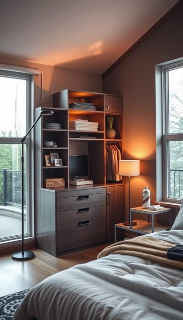 A cozy and functional bedroom with a versatile, multi-purpose storage unit taking center stage. The unit features a sleek, minimalist design with a combination of open shelves, drawers, and cabinets, allowing for organized display and hidden storage. Warm, directional lighting from a floor lamp casts a soft, inviting glow, while large windows allow natural daylight to filter in, creating a bright and airy atmosphere. The room's neutral color palette, with accents of wood and metal, exudes a sense of modern sophistication. The layout showcases how thoughtful furniture choices can maximize limited space, making the most of every inch.