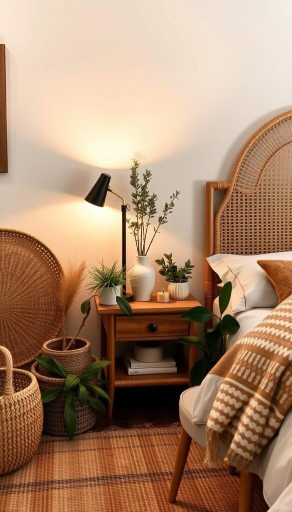 A cozy and harmonious bedroom setting featuring a cane headboard, nightstand, and accent chair. Interspersed are natural elements like a woven basket, ceramic vase, and potted plants, creating a layered and textured composition. Warm, diffused lighting from a mid-century style lamp casts a soft glow, enhancing the natural tones and materials. The overall atmosphere evokes a sense of tranquility and balance, seamlessly blending the cane furniture with the surrounding natural accents. A cozy and harmonious bedroom setting featuring a cane headboard, nightstand, and accent chair. Interspersed are natural elements like a woven basket, ceramic vase, and potted plants, creating a layered and textured composition. Warm, diffused lighting from a mid-century style lamp casts a soft glow, enhancing the natural tones and materials. The overall atmosphere evokes a sense of tranquility and balance, seamlessly blending the cane furniture with the surrounding natural accents.