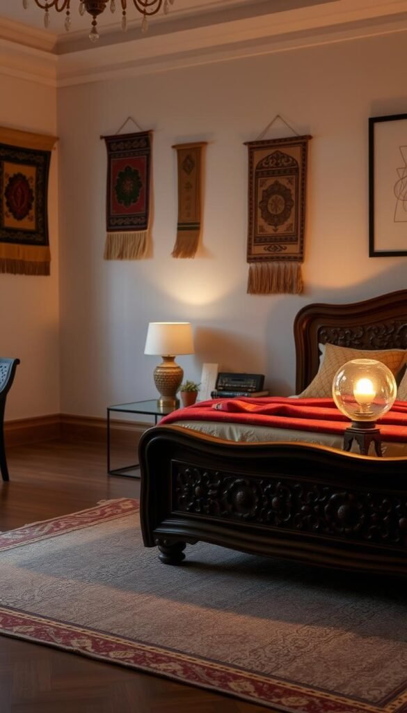 A cozy and inviting Pakistani bedroom, blending traditional design elements with contemporary touches. In the foreground, a carved wooden bed frame with intricate patterns, draped in soft, vibrant textiles. Beside it, a modern side table with a sleek, glass-topped lamp. The middle ground features a hand-woven rug in a muted color palette, complementing the room's overall aesthetic. Hanging on the walls, a mix of traditional Pakistani wall hangings and minimalist, abstract art pieces. The lighting is warm and ambient, creating a tranquil atmosphere. The overall composition showcases a harmonious fusion of old and new, reflecting the evolution of Pakistani furniture design.