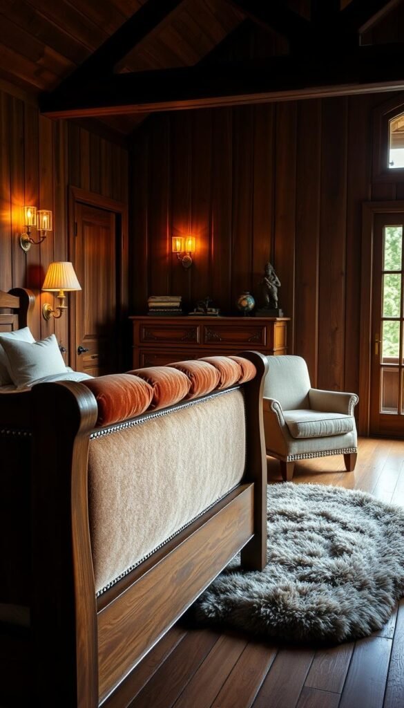 A cozy and inviting bedroom featuring a mix of warm wood tones and plush upholstery. In the foreground, a wooden bed frame with a headboard upholstered in a rich, velvet fabric. Soft, neutral-toned bedding complements the textured accents. In the middle ground, a wooden dresser with intricate carved details stands alongside a cozy armchair in a complementary fabric. The background showcases wooden floorboards, with a fluffy, natural-fiber area rug adding warmth and texture. Indirect lighting from sconces and a large window creates a relaxing, intimate atmosphere, highlighting the harmonious blend of natural materials. A cozy and inviting bedroom featuring a mix of warm wood tones and plush upholstery. In the foreground, a wooden bed frame with a headboard upholstered in a rich, velvet fabric. Soft, neutral-toned bedding complements the textured accents. In the middle ground, a wooden dresser with intricate carved details stands alongside a cozy armchair in a complementary fabric. The background showcases wooden floorboards, with a fluffy, natural-fiber area rug adding warmth and texture. Indirect lighting from sconces and a large window creates a relaxing, intimate atmosphere, highlighting the harmonious blend of natural materials.