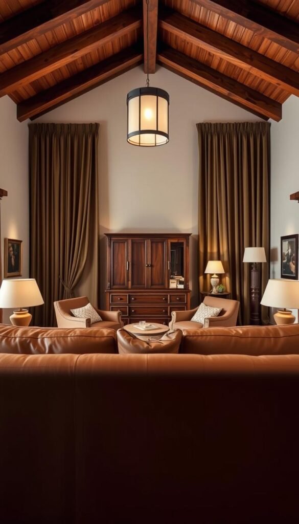 A cozy and inviting bedroom interior with a warm, earthy color palette. A large, plush brown leather sofa sits prominently in the foreground, complemented by a pair of matching armchairs. In the middle ground, a wooden dresser and nightstands in a rich chestnut finish create a harmonious ensemble. The background features neutral-toned walls, accented by wooden ceiling beams and floor-to-ceiling curtains in a deep, muted olive hue. Soft, diffused lighting from a central pendant fixture and table lamps creates a comfortable, relaxing ambiance. The overall scene conveys a sense of refined elegance and natural sophistication.